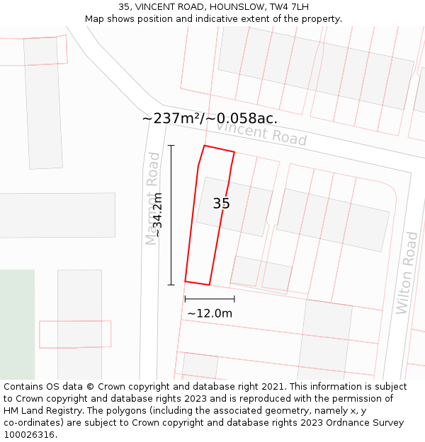 35, VINCENT ROAD, HOUNSLOW, TW4 7LH: Plot and title map