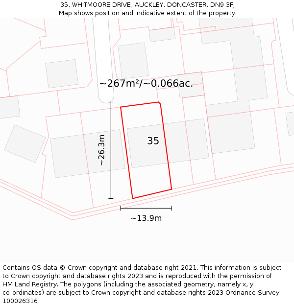 35, WHITMOORE DRIVE, AUCKLEY, DONCASTER, DN9 3FJ: Plot and title map