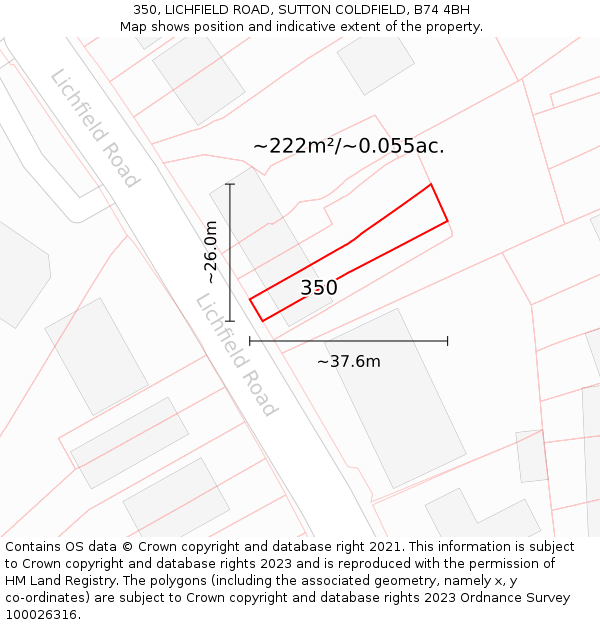 350, LICHFIELD ROAD, SUTTON COLDFIELD, B74 4BH: Plot and title map