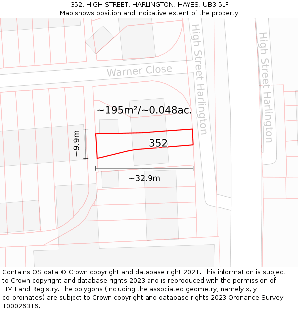 352, HIGH STREET, HARLINGTON, HAYES, UB3 5LF: Plot and title map