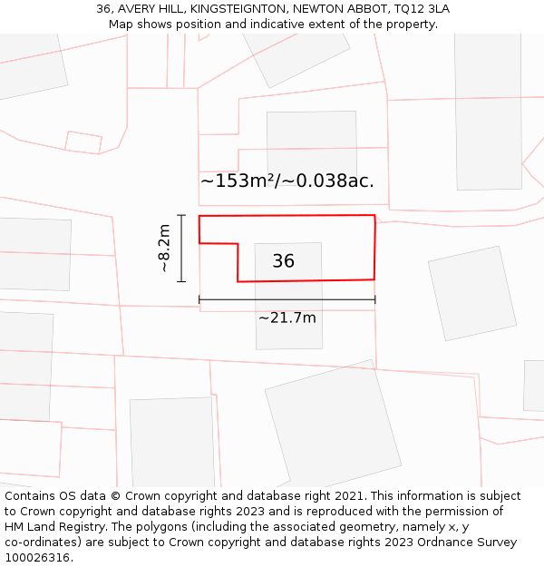 36, AVERY HILL, KINGSTEIGNTON, NEWTON ABBOT, TQ12 3LA: Plot and title map
