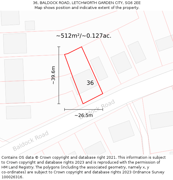 36, BALDOCK ROAD, LETCHWORTH GARDEN CITY, SG6 2EE: Plot and title map