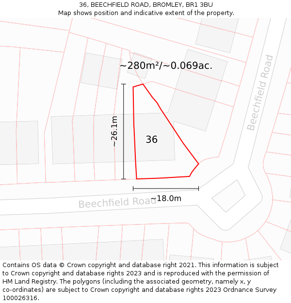 36, BEECHFIELD ROAD, BROMLEY, BR1 3BU: Plot and title map