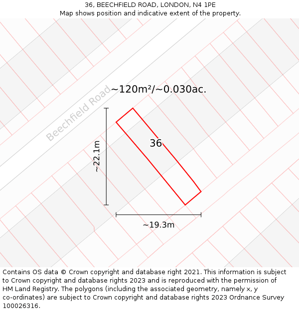36, BEECHFIELD ROAD, LONDON, N4 1PE: Plot and title map