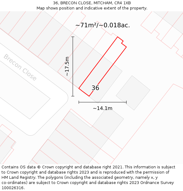 36, BRECON CLOSE, MITCHAM, CR4 1XB: Plot and title map