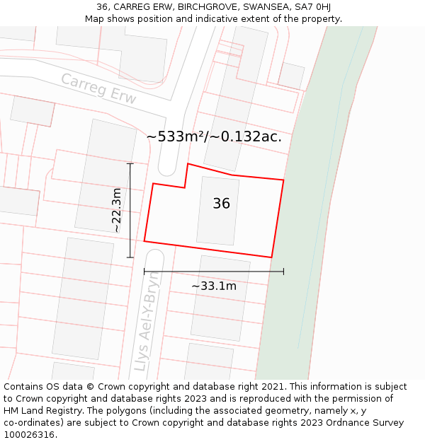 36, CARREG ERW, BIRCHGROVE, SWANSEA, SA7 0HJ: Plot and title map