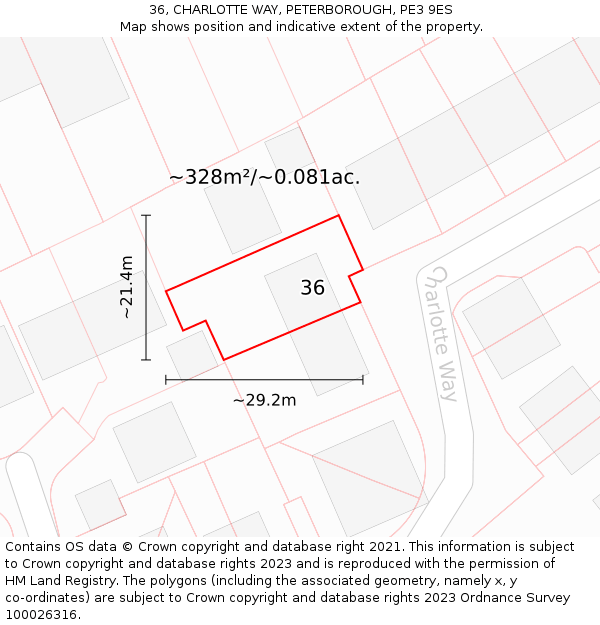 36, CHARLOTTE WAY, PETERBOROUGH, PE3 9ES: Plot and title map