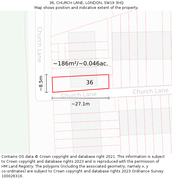 36, CHURCH LANE, LONDON, SW19 3HQ: Plot and title map