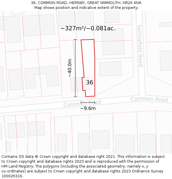 36, COMMON ROAD, HEMSBY, GREAT YARMOUTH, NR29 4NA: Plot and title map