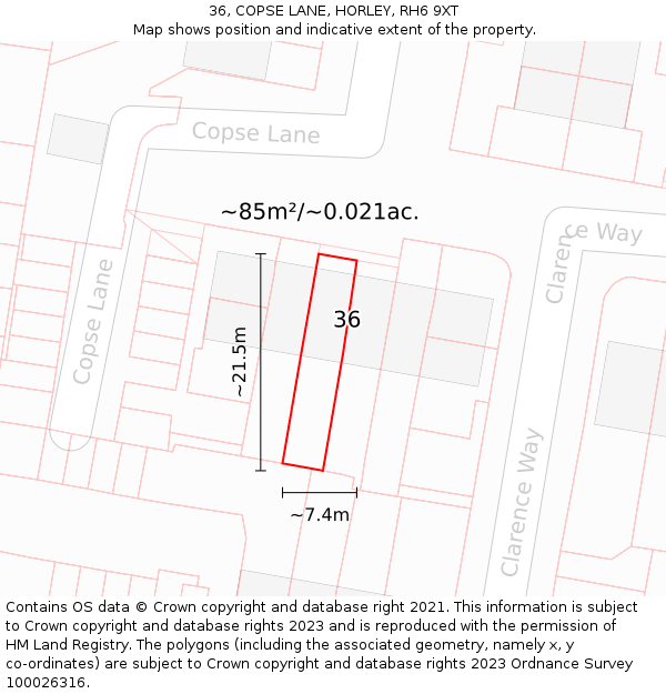 36, COPSE LANE, HORLEY, RH6 9XT: Plot and title map