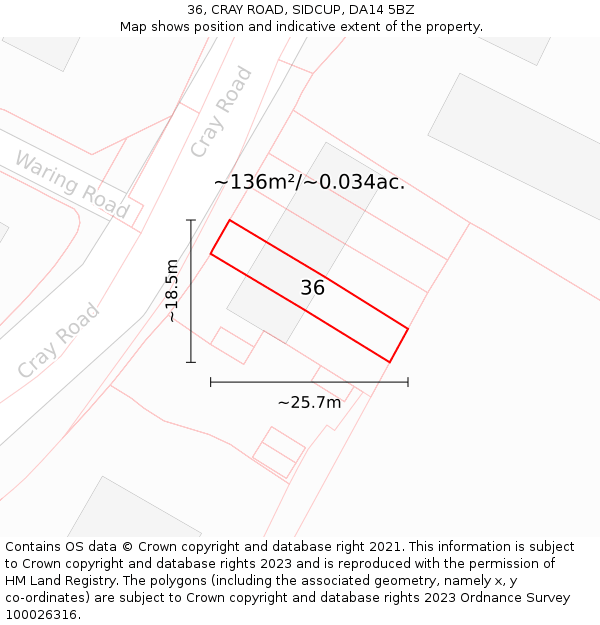 36, CRAY ROAD, SIDCUP, DA14 5BZ: Plot and title map