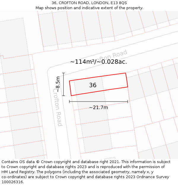36, CROFTON ROAD, LONDON, E13 8QS: Plot and title map