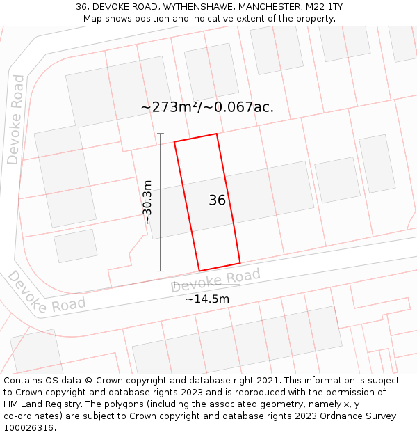 36, DEVOKE ROAD, WYTHENSHAWE, MANCHESTER, M22 1TY: Plot and title map