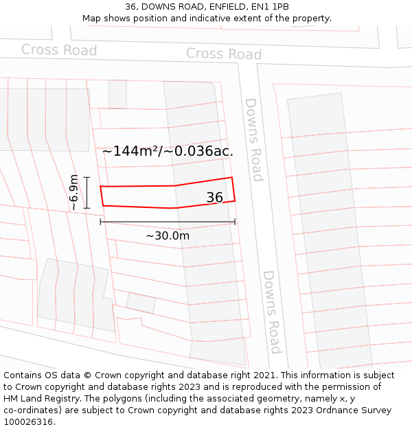 36, DOWNS ROAD, ENFIELD, EN1 1PB: Plot and title map