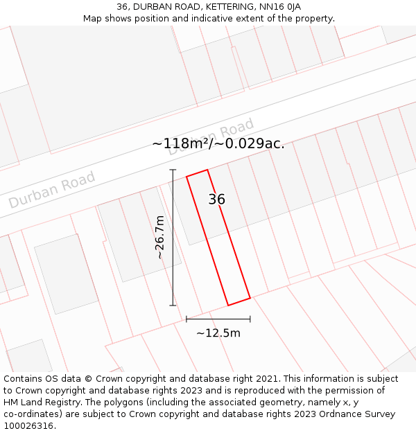 36, DURBAN ROAD, KETTERING, NN16 0JA: Plot and title map