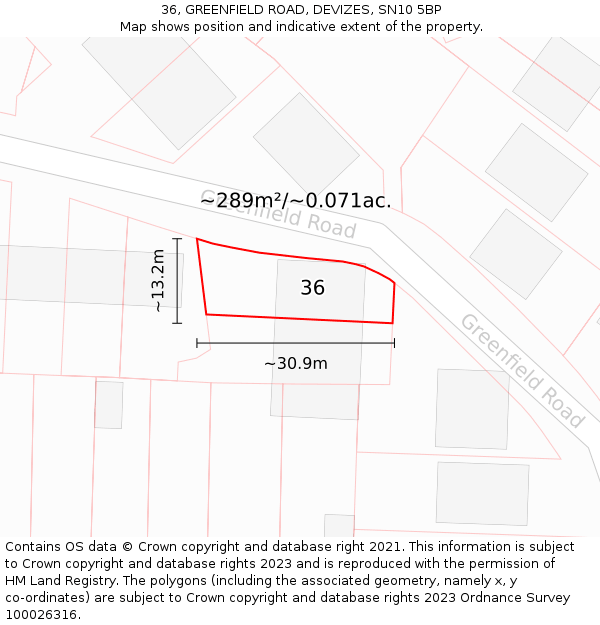 36, GREENFIELD ROAD, DEVIZES, SN10 5BP: Plot and title map
