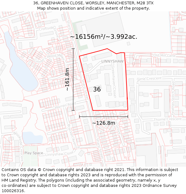 36, GREENHAVEN CLOSE, WORSLEY, MANCHESTER, M28 3TX: Plot and title map