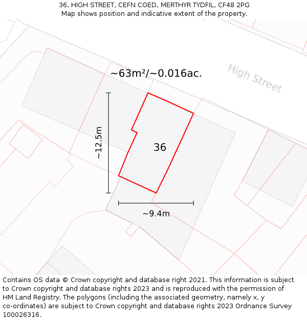 36, HIGH STREET, CEFN COED, MERTHYR TYDFIL, CF48 2PG: Plot and title map
