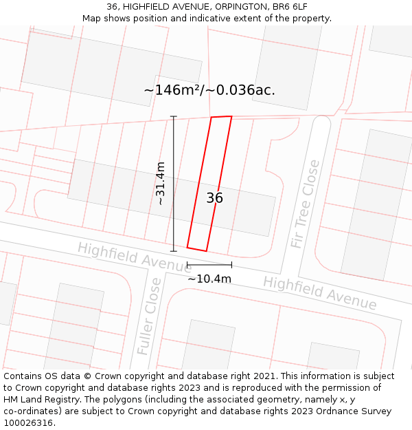36, HIGHFIELD AVENUE, ORPINGTON, BR6 6LF: Plot and title map