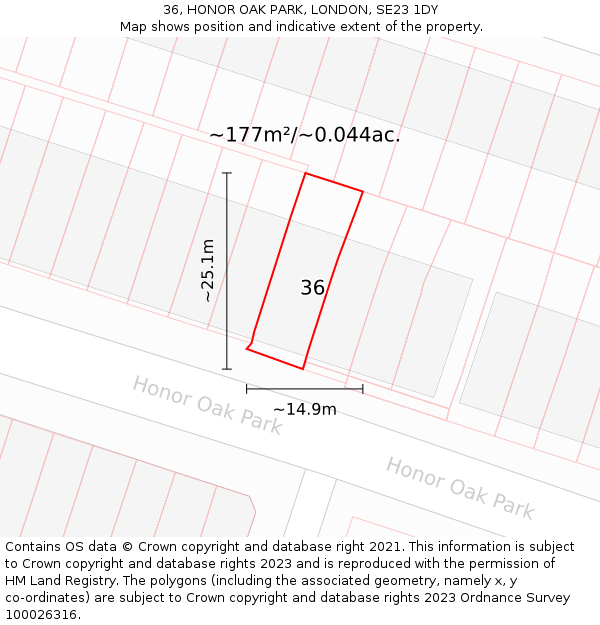 36, HONOR OAK PARK, LONDON, SE23 1DY: Plot and title map