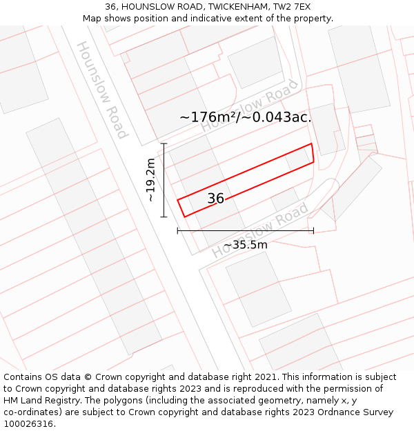 36, HOUNSLOW ROAD, TWICKENHAM, TW2 7EX: Plot and title map