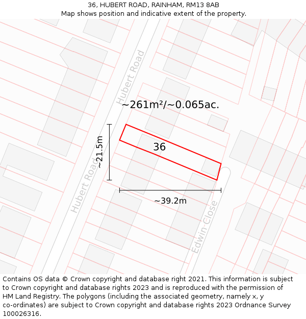 36, HUBERT ROAD, RAINHAM, RM13 8AB: Plot and title map