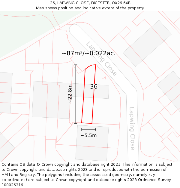 36, LAPWING CLOSE, BICESTER, OX26 6XR: Plot and title map