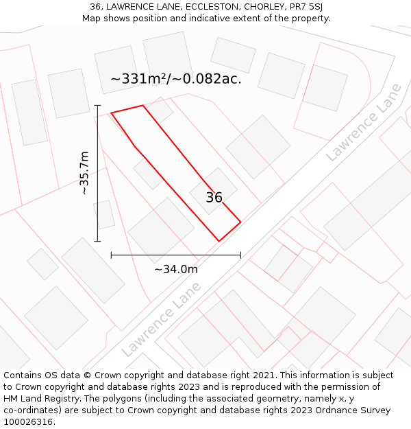 36, LAWRENCE LANE, ECCLESTON, CHORLEY, PR7 5SJ: Plot and title map
