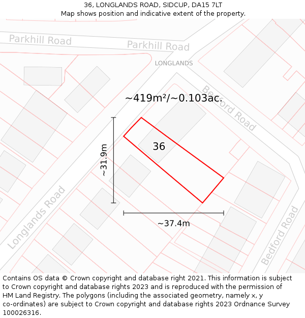 36, LONGLANDS ROAD, SIDCUP, DA15 7LT: Plot and title map