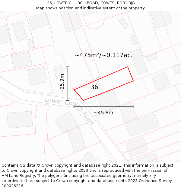 36, LOWER CHURCH ROAD, COWES, PO31 8JG: Plot and title map
