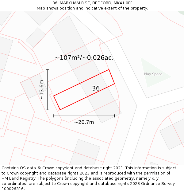 36, MARKHAM RISE, BEDFORD, MK41 0FF: Plot and title map