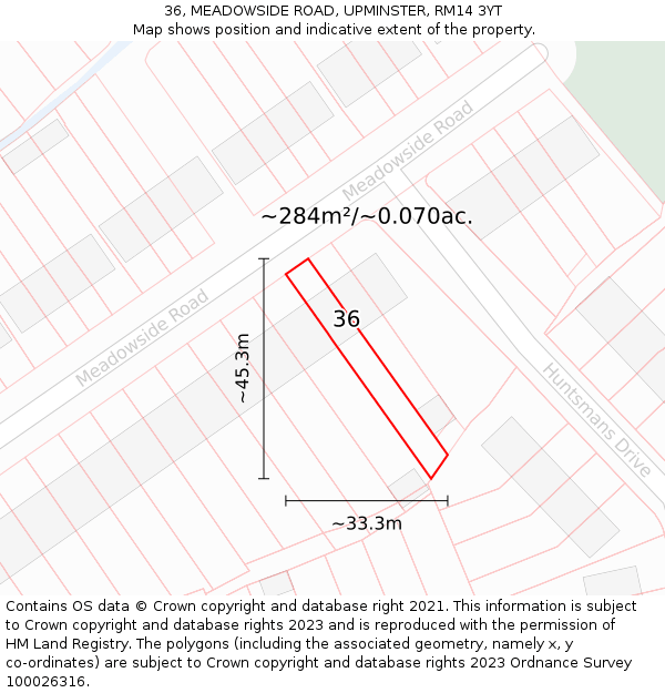 36, MEADOWSIDE ROAD, UPMINSTER, RM14 3YT: Plot and title map