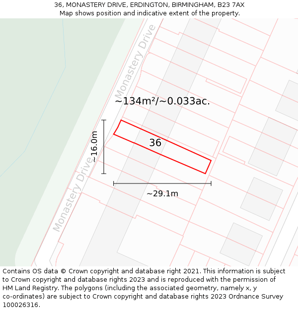 36, MONASTERY DRIVE, ERDINGTON, BIRMINGHAM, B23 7AX: Plot and title map