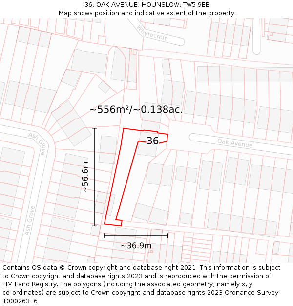 36, OAK AVENUE, HOUNSLOW, TW5 9EB: Plot and title map