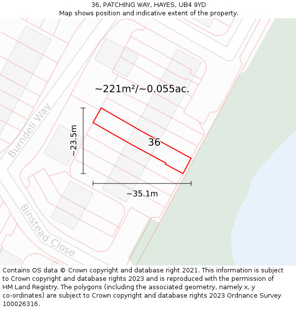 36, PATCHING WAY, HAYES, UB4 9YD: Plot and title map