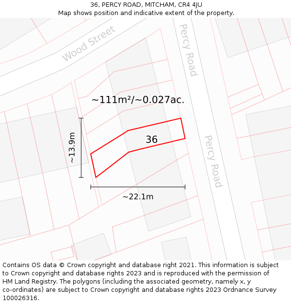36, PERCY ROAD, MITCHAM, CR4 4JU: Plot and title map