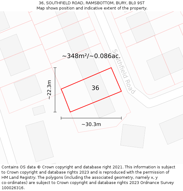 36, SOUTHFIELD ROAD, RAMSBOTTOM, BURY, BL0 9ST: Plot and title map