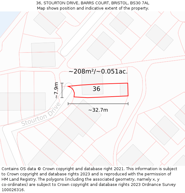 36, STOURTON DRIVE, BARRS COURT, BRISTOL, BS30 7AL: Plot and title map