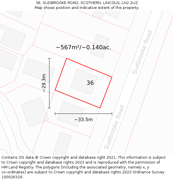36, SUDBROOKE ROAD, SCOTHERN, LINCOLN, LN2 2UZ: Plot and title map