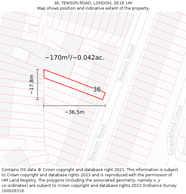 36, TEWSON ROAD, LONDON, SE18 1AY: Plot and title map