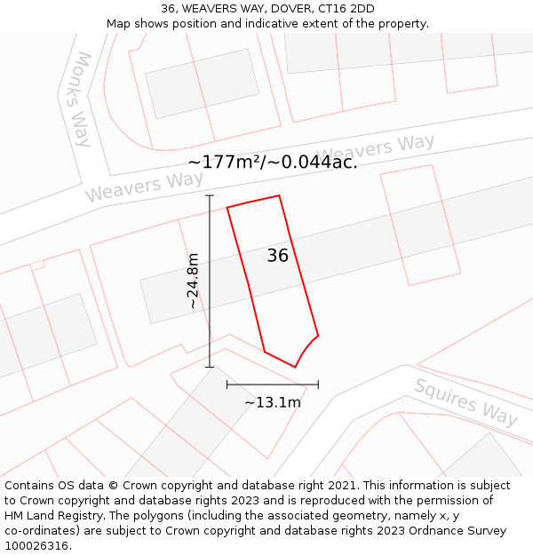 36, WEAVERS WAY, DOVER, CT16 2DD: Plot and title map