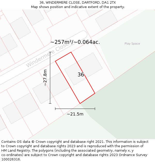 36, WINDERMERE CLOSE, DARTFORD, DA1 2TX: Plot and title map