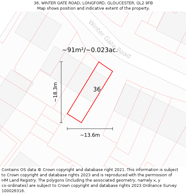 36, WINTER GATE ROAD, LONGFORD, GLOUCESTER, GL2 9FB: Plot and title map