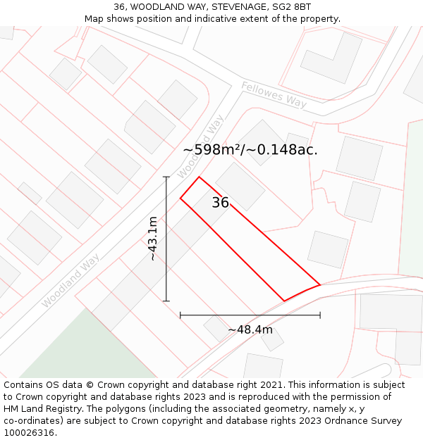 36, WOODLAND WAY, STEVENAGE, SG2 8BT: Plot and title map