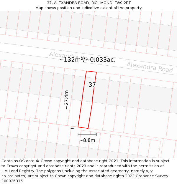 37, ALEXANDRA ROAD, RICHMOND, TW9 2BT: Plot and title map
