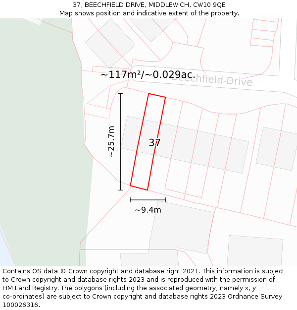 37, BEECHFIELD DRIVE, MIDDLEWICH, CW10 9QE: Plot and title map