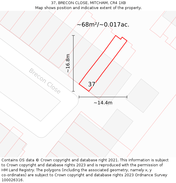 37, BRECON CLOSE, MITCHAM, CR4 1XB: Plot and title map