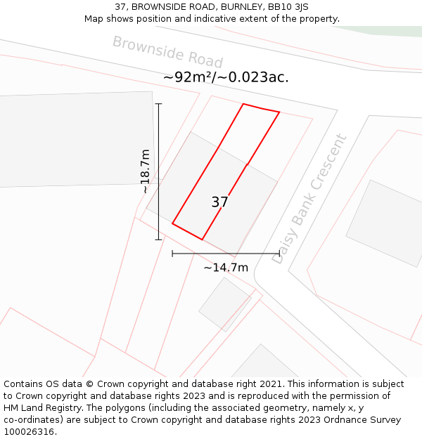 37, BROWNSIDE ROAD, BURNLEY, BB10 3JS: Plot and title map
