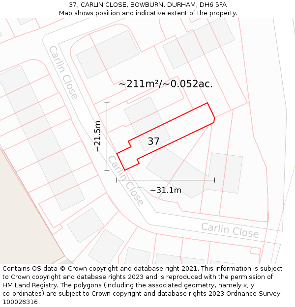 37, CARLIN CLOSE, BOWBURN, DURHAM, DH6 5FA: Plot and title map