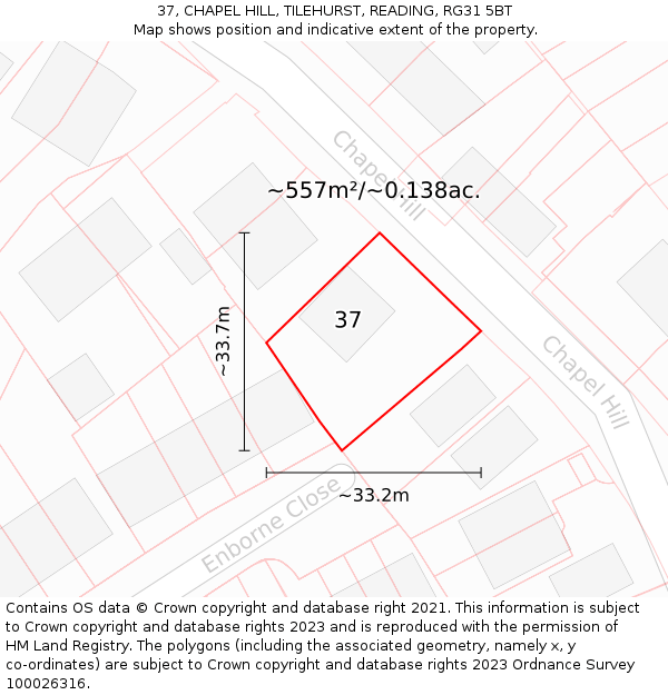 37, CHAPEL HILL, TILEHURST, READING, RG31 5BT: Plot and title map